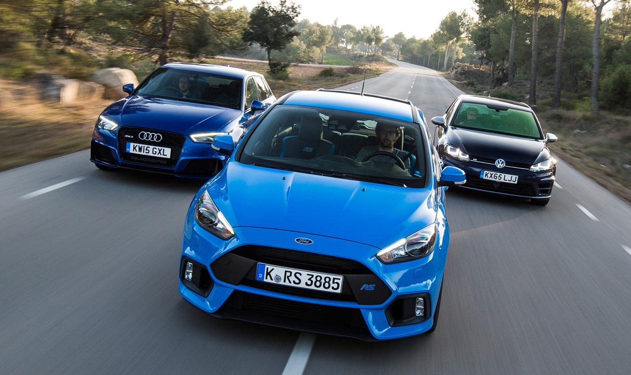 Test Ford Focus RS vs. Audi RS3 vs. Volkswagen Golf R